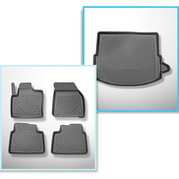 Set Kofferraumschale und angepasste Autoteppiche TPE für: Land Rover Discovery Sport L550 SUV (2019-....) - 5/7 Sitze;dritte Reihe zusammengeklappt;auch für Modelle mit Befestigungsschienen;rechte Nische entfernbar;auch Plug-in-Hybrid