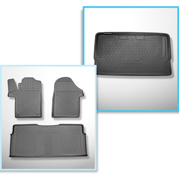 Set Kofferraumschale und angepasste Autoteppiche TPE für: Mercedes-Benz EQV 300 Van (10.2020-....) - lange Version (Radstand 3.200 mm;Autolänge 5.140 mm);hinter der dritten Sitzreihe;ohne geteilten Gepäckraum;ohne 3. Sitzreihe;Vorderteil muss abgeschnitte