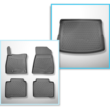 Set Kofferraumschale und angepasste Autoteppiche TPE für: Kia Niro II (SG2) Crossover (06.2022-....) - HEV Hybrid;EV (electric);oberer Kofferraum (für Multiboden);beweglicher Boden in höchster Stellung;nicht fuer Plug-in Hybrid