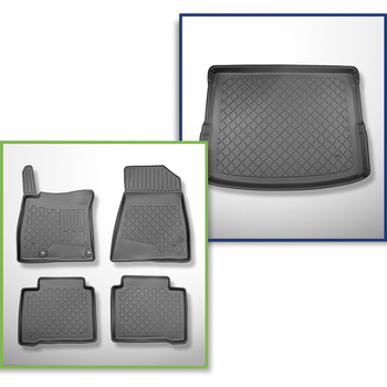 Set Kofferraumschale und angepasste Autoteppiche TPE für: Kia Niro II (SG2) Crossover (06.2022-....) - HEV Hybrid;EV (electric);oberer Kofferraum (für Multiboden);beweglicher Boden in höchster Stellung;nicht fuer Plug-in Hybrid