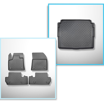 Set Kofferraumschale und angepasste Autoteppiche TPE für: Peugeot 3008 II SUV (11.2016-11.2023) - untere Ladefläche mit Vorbereitung für den Varioboden;unter / ohne beweglichen Boden (Flex Floor) im Kofferraum;nicht für Hybride Versionen;mit Hi-Fi-System 