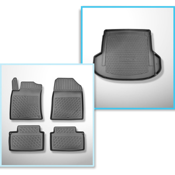 Set Kofferraumschale und angepasste Autoteppiche TPE für: Kia ProCeed Shooting Brake (12.2018-....) - auch für Modelle mit Befestigungsschienen; rechte Nische entfernbar bei Modellen mit zusätzlichen Lautsprechern (engere Nische)