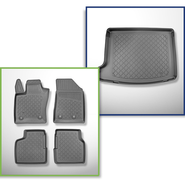 Set Kofferraumschale und angepasste Autoteppiche TPE für: Jeep Compass II MP 4xe Plug-in Hybrid SUV (07.2020-....) - oberer Kofferraum (für Multiboden);beweglicher Boden in höchster Stellung