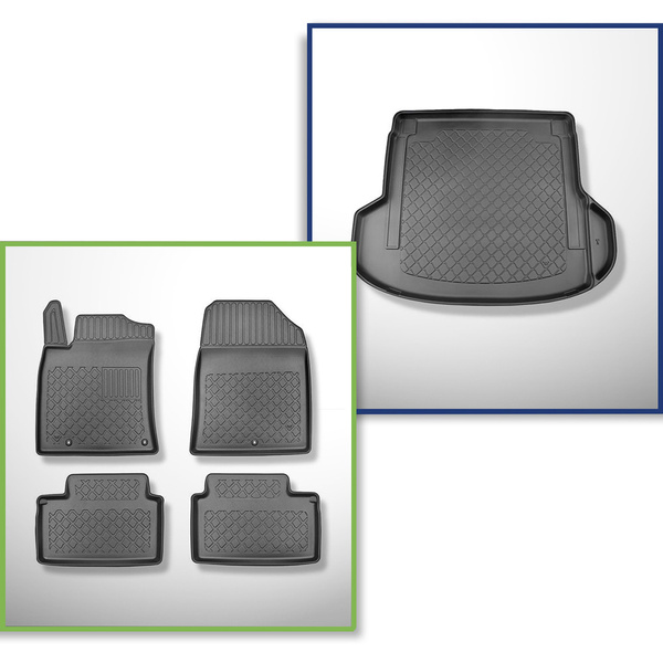 Set Kofferraumschale und angepasste Autoteppiche TPE für: Kia ProCeed Shooting Brake (12.2018-....) - auch für Modelle mit Befestigungsschienen; rechte Nische entfernbar bei Modellen mit zusätzlichen Lautsprechern (engere Nische)