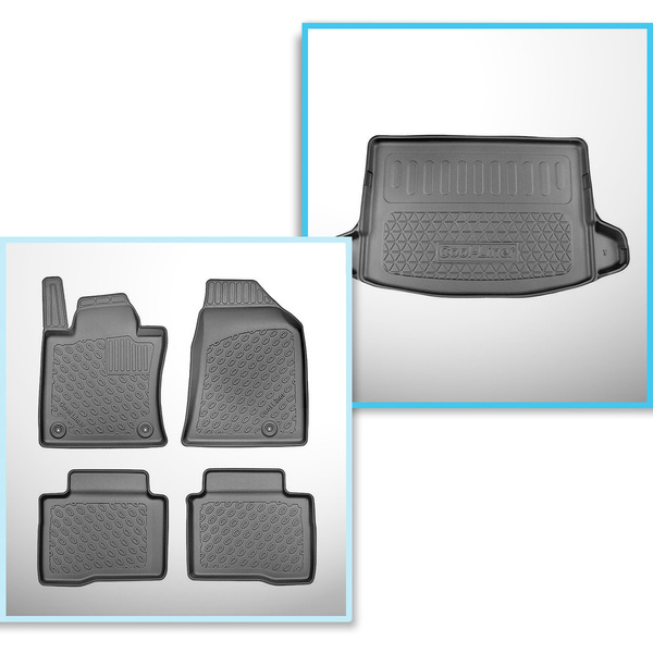 Set Kofferraumschale und angepasste Autoteppiche TPE für: SsangYong Korando IV C300 Crossover (09.2019-....) - oberer Kofferraum (für Multiboden);mit beweglichem Boden im Kofferraum;linke und / oder rechte Nische kann abgeschnitten werden;nicht für die el