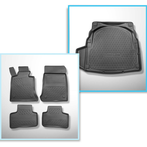 Set Kofferraumschale und angepasste Autoteppiche TPE PREMIUM für: Mercedes-Benz E Klasse W212 Limousine (03.2009-03.2016) - mit linker Ausbuchtung (eventuell abschneidbar); Kofferraumfläche flach