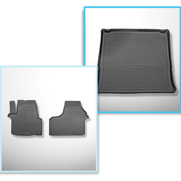 Set Kofferraumschale und angepasste Autoteppiche TPE PREMIUM für: Renault Trafic III Van (09.2014-....) - PKW (Kombi/Tour); hinter der 3. Sitzreihe; lange Version (Long); Nicht-Gleitsitze, an Haken befestigt