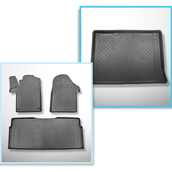 Set Kofferraumschale und angepasste Autoteppiche TPE für: Mercedes-Benz Vito W447 Tourer (10.2014-....) - Extra lange Version (Extra Long) (Radstand 3430 mm;Fahrzeuglänge 5370 mm);ohne geteilten Gepäckraum;ohne 3. Sitzreihe