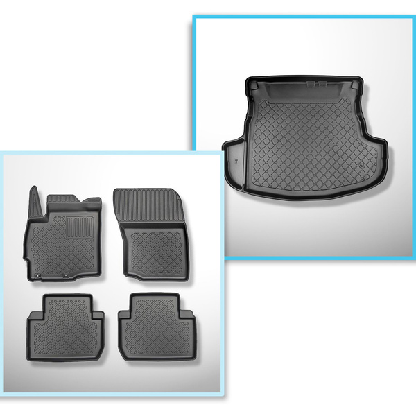 Set Kofferraumschale und angepasste Autoteppiche TPE für: Mitsubishi Outlander III SUV (09.2012-2022) - 5 Sitze;unterer Kofferraum (mit und ohne Subwoofer);nicht für Hybride Versionen;ohne 3. Sitzreihe